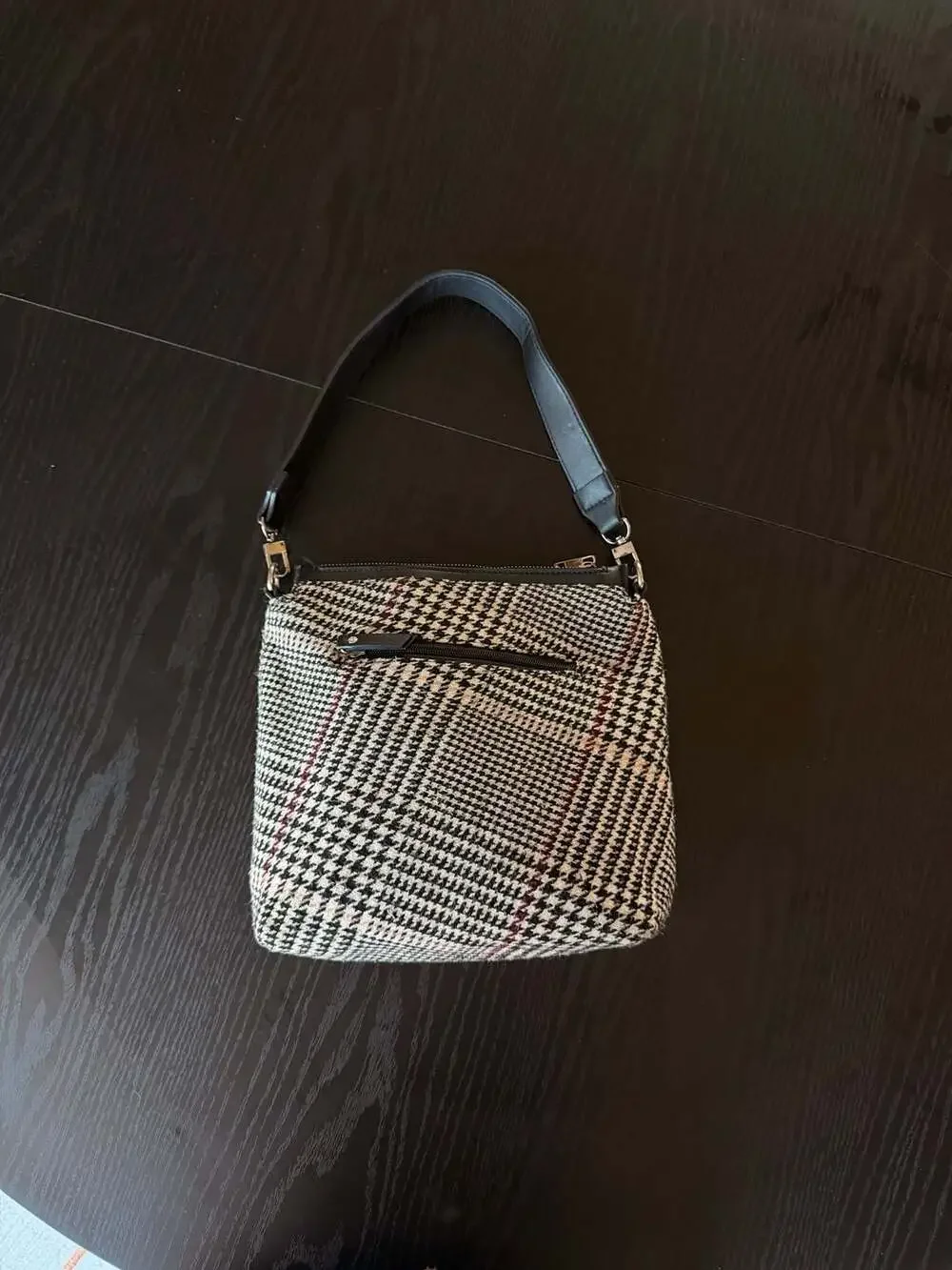 Vintage Plaid Houndstooth Shoulder Bag with Black Leather-like Trim